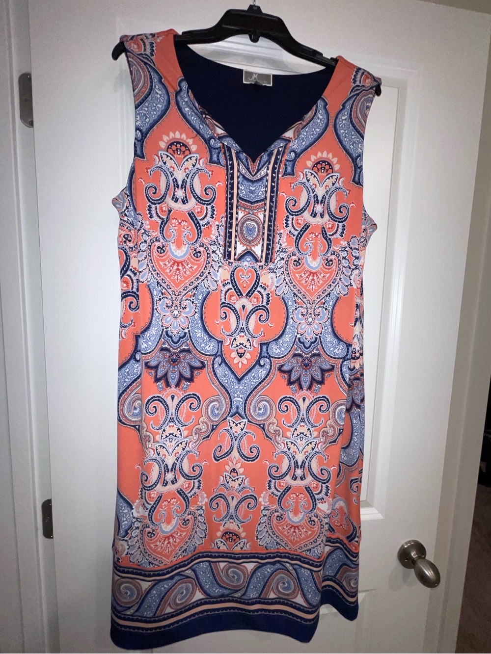 JM Collection Shift Dress, Navy with Coral and Cream Paisley Accents, 1X